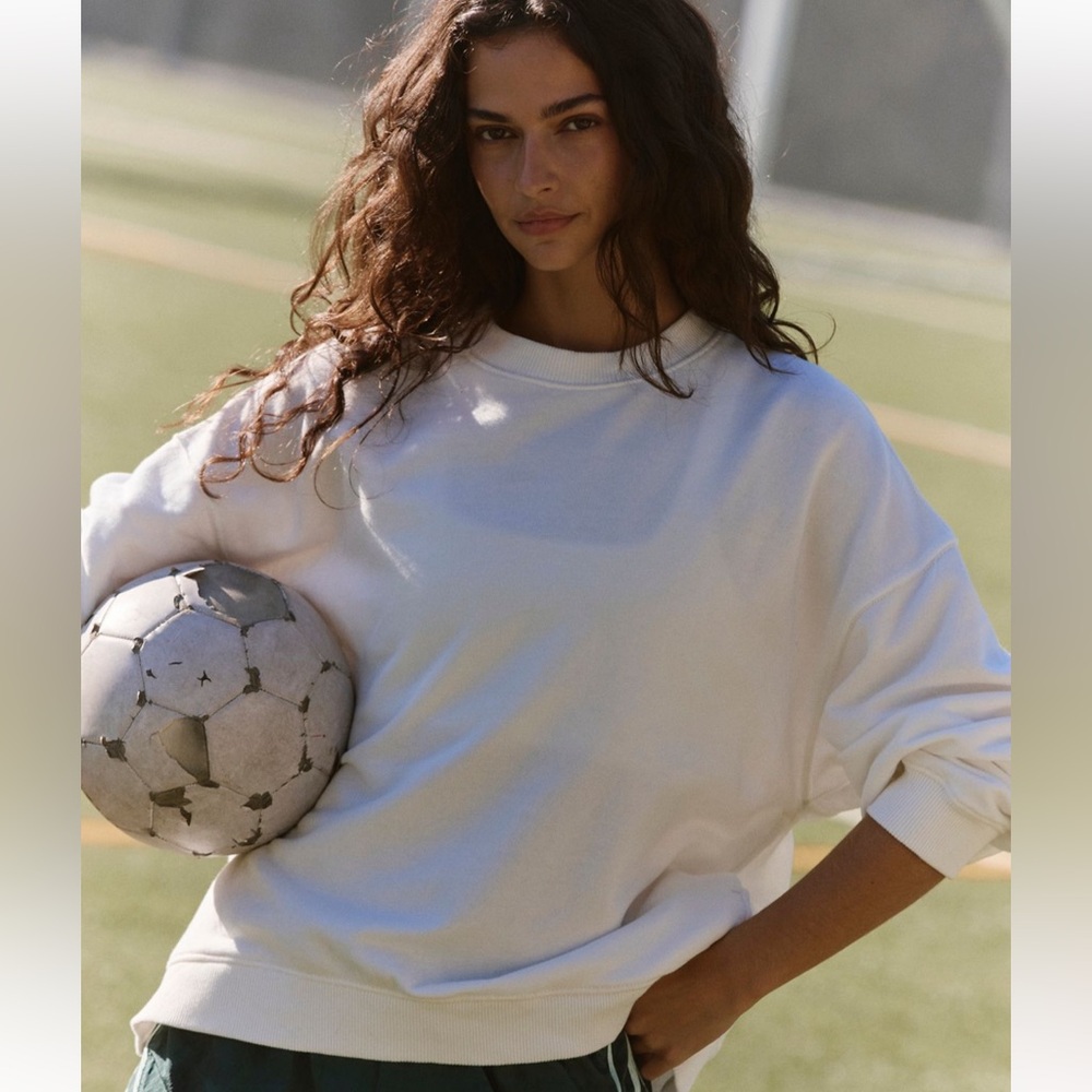 Free People Movement White All Star Pullover Crewneck Sweatshirt With Pockets Lg